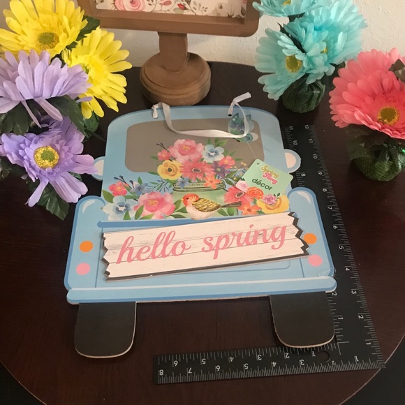 Hello Spring Blue Pick Truck MDF Hanging Wall Sign - Picture 3 of 13